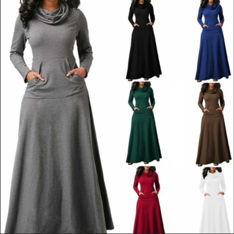 2022 new wish explosions autumn and winter solid color stitching pocket scarf long dress 24 yuan spot
