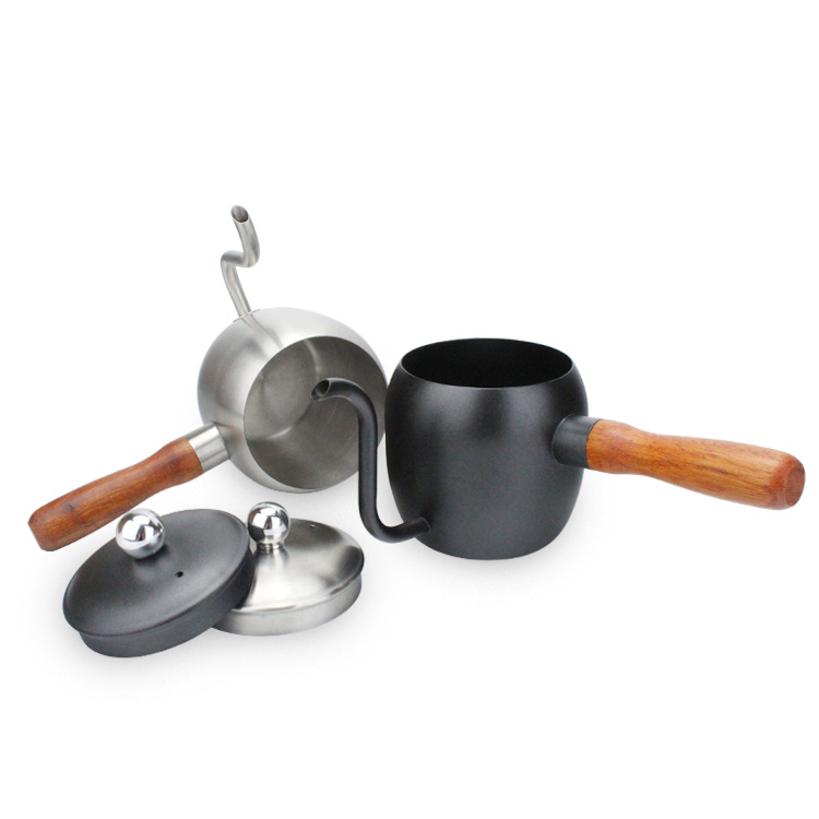 Acero inoxidable mano cafetera 304 Moka boca larga boca delgada tetera mango de madera larga teflón cafetera al por mayor