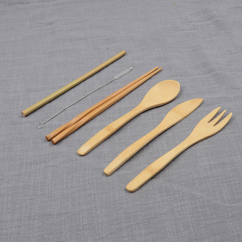 Al Aire Libre portátil estudiante viaje cuchillo de bambú, tenedor y cuchara traje palillos cuchara conjunto bolsa de lona traje de vajilla al por mayor