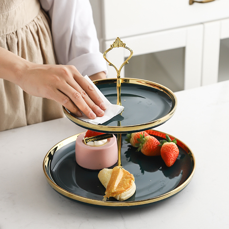 Nordic brocheta de cerámica creativa de doble capa plato de fruta merienda mesa de postre bandeja de cerámica plato de buffet plato de fruta seca