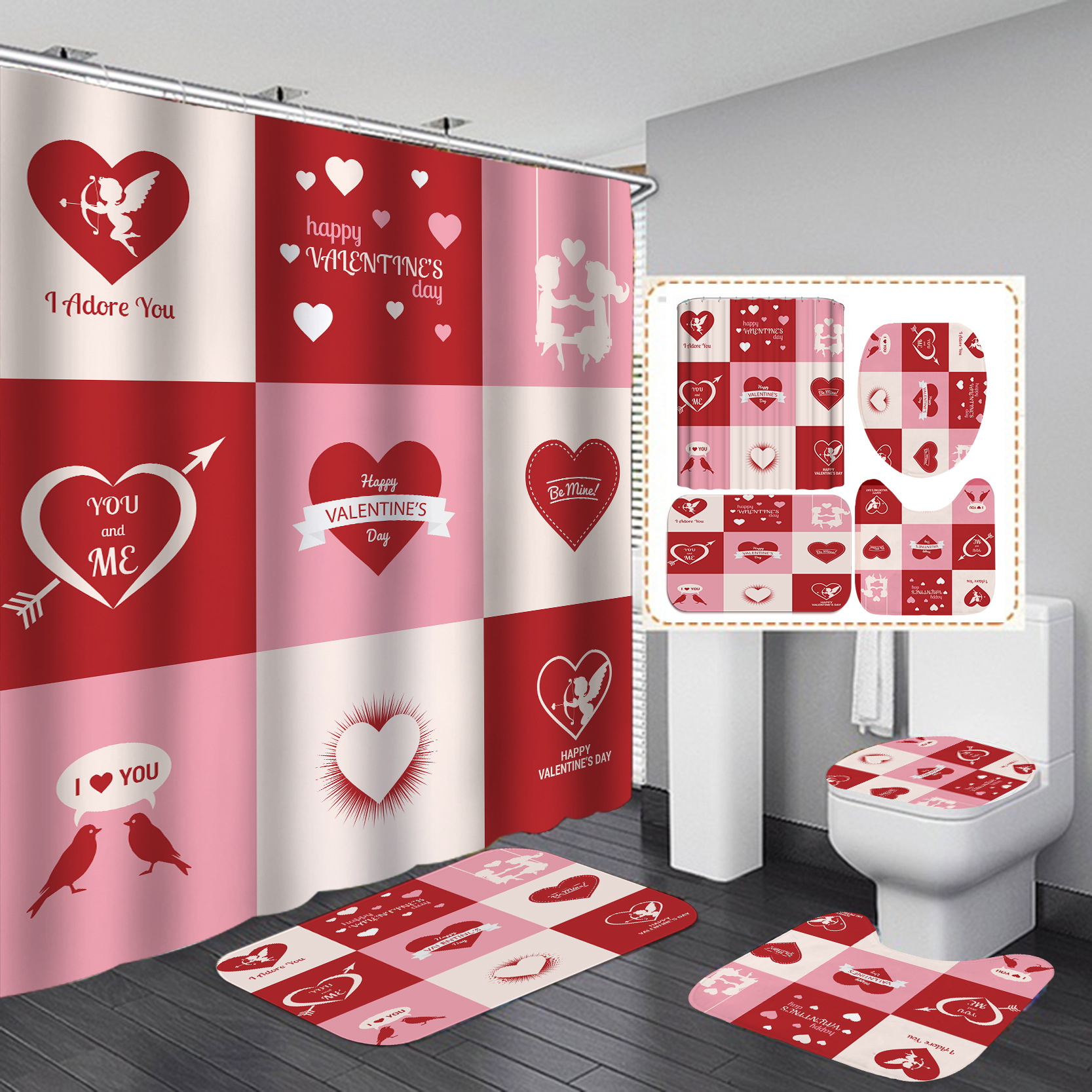 Día de San Valentín caliente Impresión digital impermeable poliéster baño Hotel baño Cortina de ducha cortina de suministro directo de fábrica al por mayor
