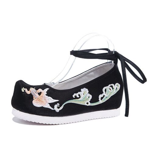 Bow shoes, Hanfu shoes, ancient style women's embroidered cloth shoes, inner heightening cocked toe costume shoes for students