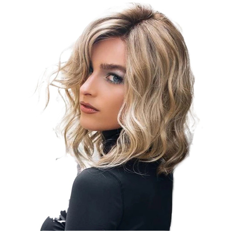 Moda de comercio exterior nuevo europeo y americano corto Pelo Rizado teñido gradiente mullido MEDIADOS DE-longitud de la cubierta del pelo largo Peluca de corte de cara para las mujeres