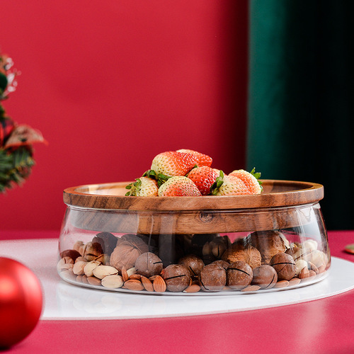 Factory direct selling fruit plate European style creative double-layer glass dried fruit melon seeds nut plate wooden candy storage box