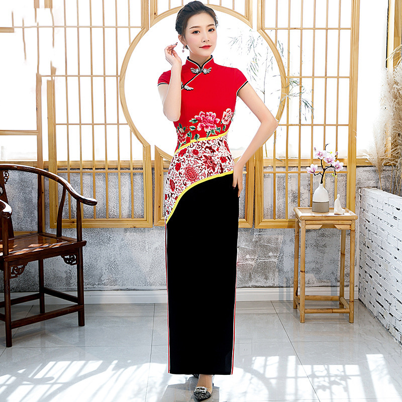 Red Runway Cheongsam New Long Elegant Improved Version Dress Plus Size Performance Outfit Slimming Hanfu