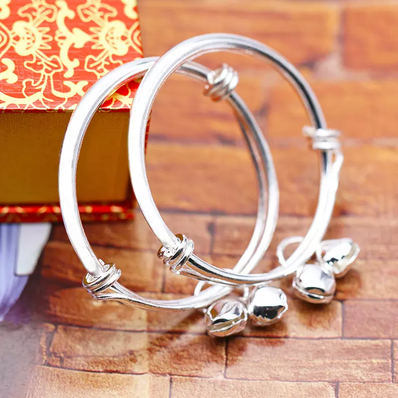 镀银苗银小孩双铃铛手环光面圆肚宝宝手镯母婴店宝宝店小礼品批发