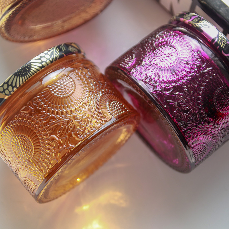 Fragancia para el hogar pequeña taza de vela en relieve de color con tapa botella de vela de vidrio de bricolaje recipiente de vela botella transparente