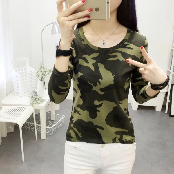 Camiseta de manga larga para mujer, venta al por mayor transfronteriza, otoño 2026, estampado de camuflaje, corte holgado, talla grande, estampado 3D moderno.
