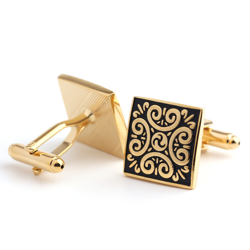 Gemelli da uomo in oro con motivo retrò quadrato, gemelli da camicia alla francese_voghion.com