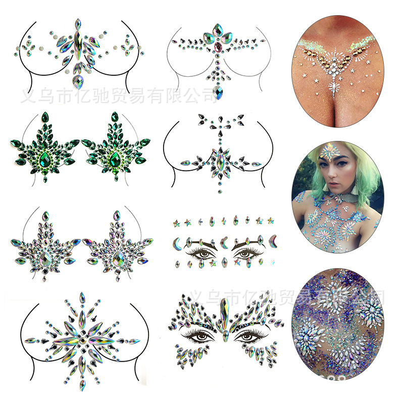 Amazon Comercio exterior caliente resina diamante tatuaje pegatinas rendimiento maquillaje pecho pegatinas Diamond Bar Carnaval fiesta decoración del pecho