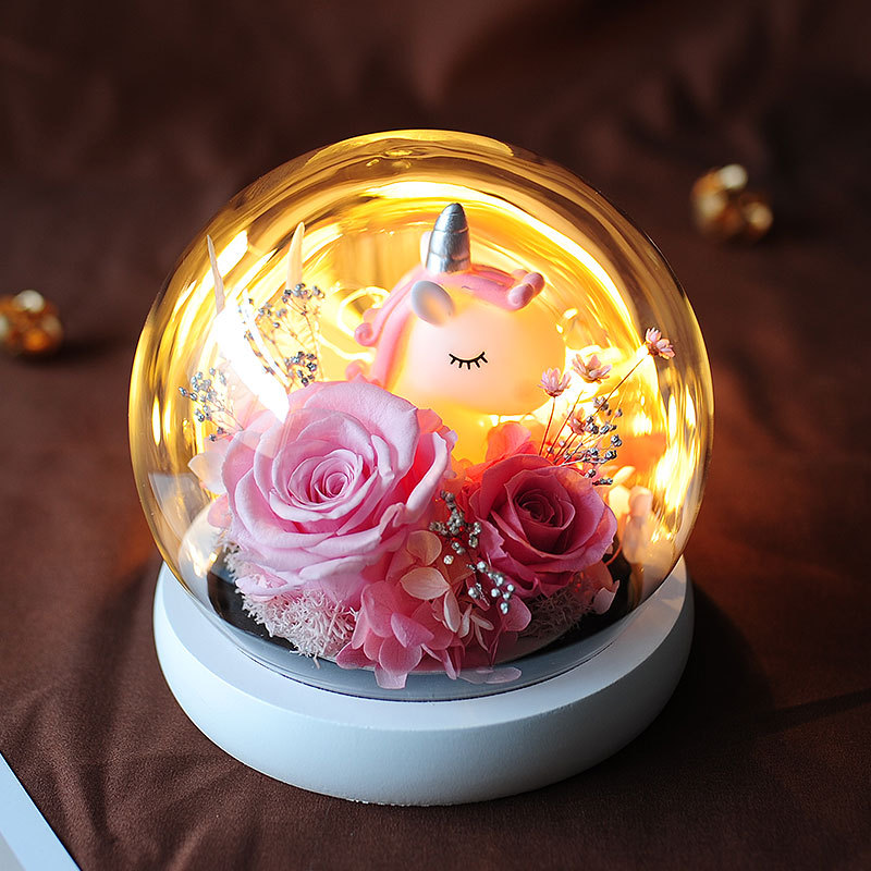 Flor eterna unicornio cubierta de vidrio decoración regalo del Día DE LA Mujer regalo creativo para novia Rosa Flor Eterna producto terminado