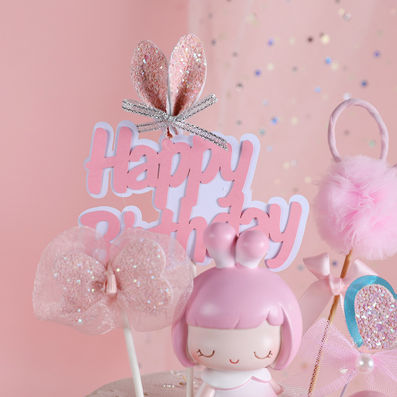 Baking Cake Decoration ins Style Small Fresh and MengMeng Rabbit Ear hb Mesh Bow Plug-in Birthday Cake Plug-in