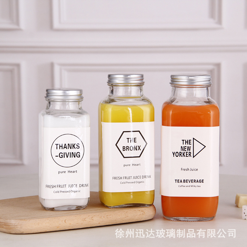 Glass bottle 250ml square aluminum lid beverage bottle 350ml star anise milk tea coffee bottle 500 ml liquor bottle