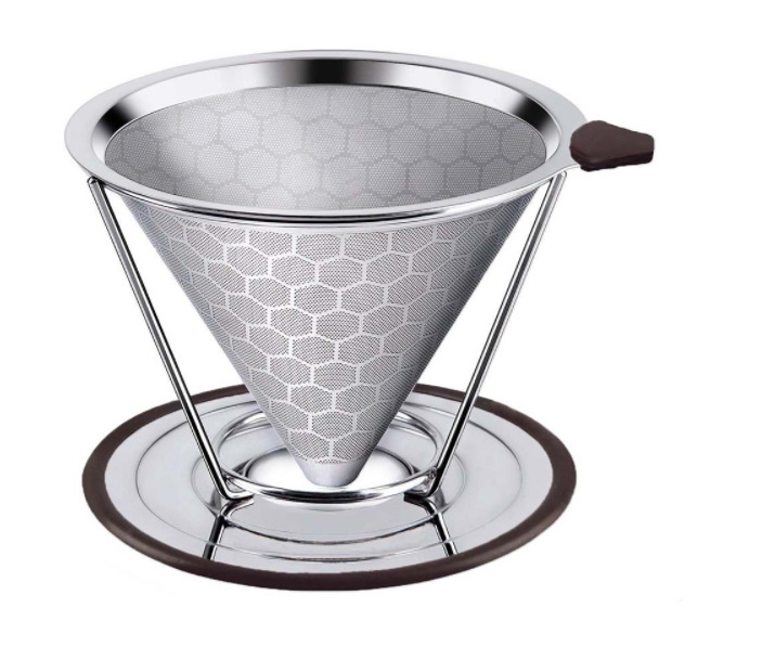 Filtro de café de acero inoxidable 304 filtro de café de doble capa sin filtro de papel embudo de goteo de mano con soporte