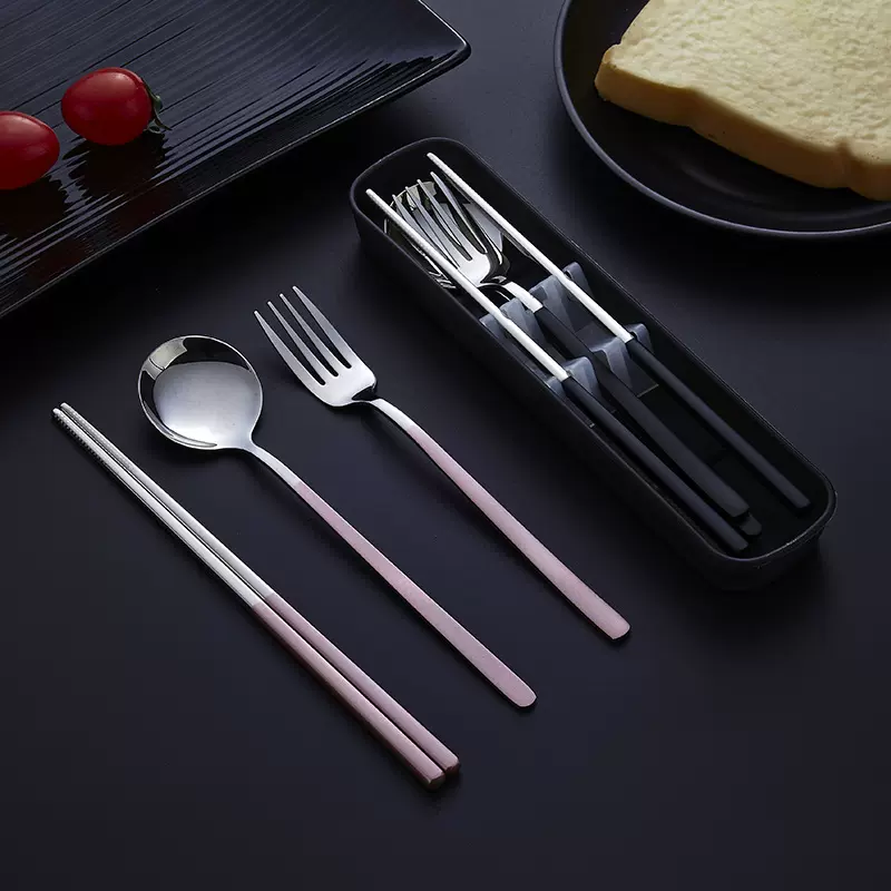 304不锈钢便携餐具三件套装 不锈钢叉子筷子勺子套装 餐具收纳盒