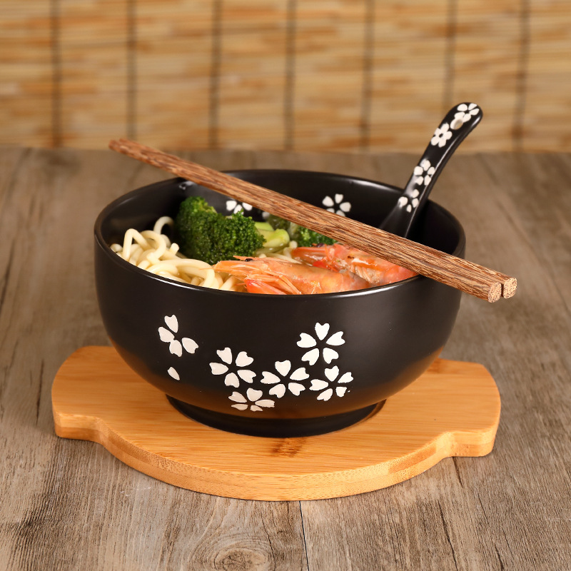 Tazón de fideos de cerámica negra con tapa cuchara tazón de fideos instantáneos tazón de sopa coreano tazón de arroz estudiante cantina restaurante cocina japonesa vajilla