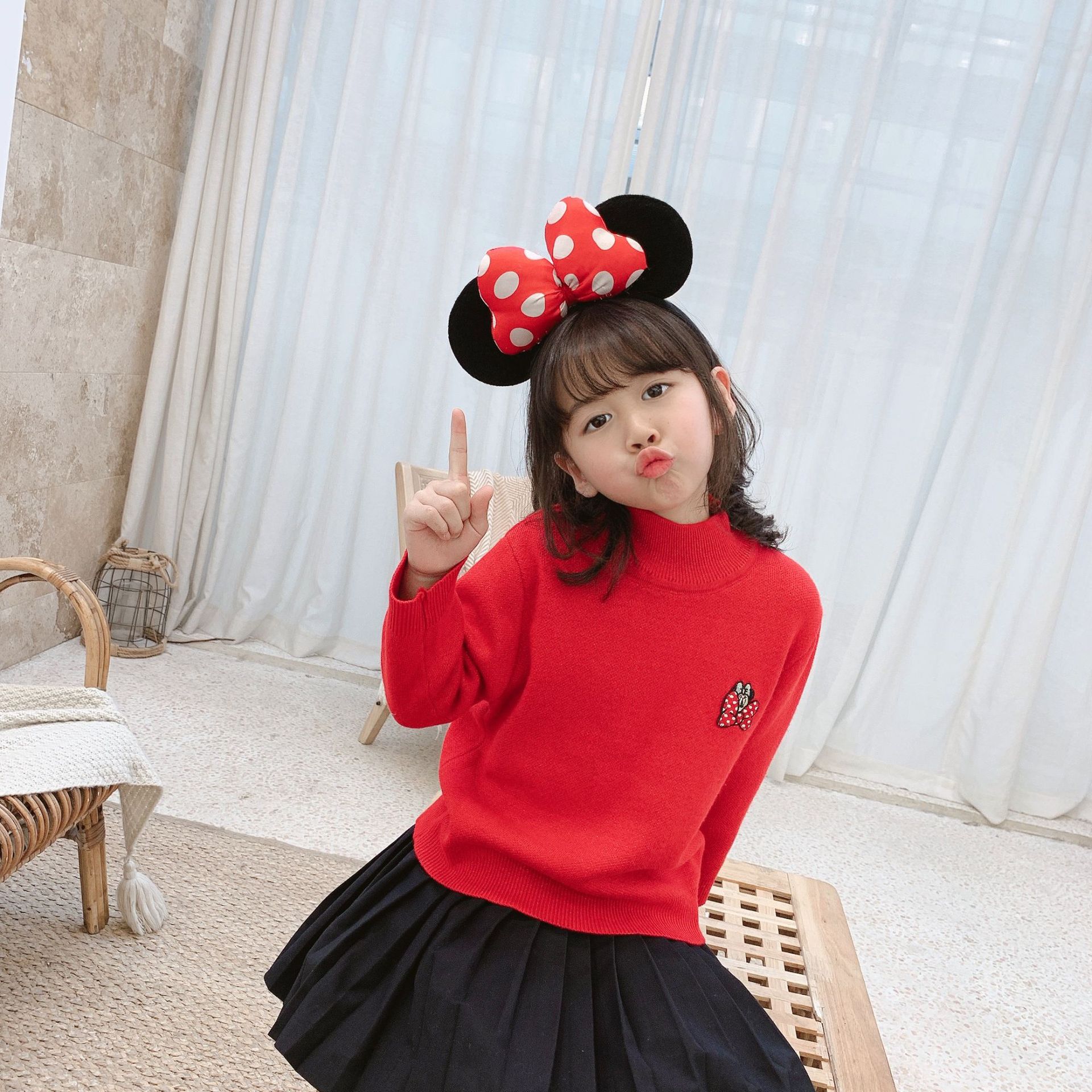 包邮 清仓特价 19340 红色卡通刺绣半高领毛衣女童毛衣日系风