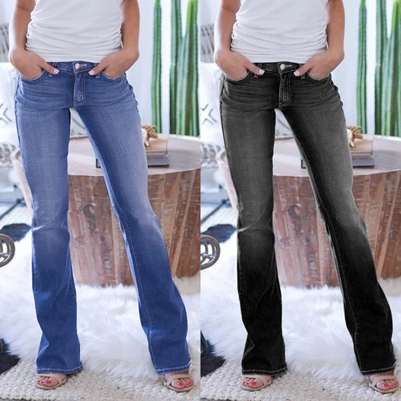 La primavera y el otoño estiran la cintura baja los pantalones vaqueros acampanados grandes amazonas de las mujeres independientes del soporte de la cintura baja de las mujeres flacas pantalones vaqueros elásticos image 1
