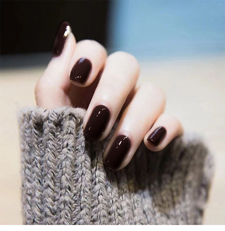 Comercio exterior largo color café oscuro desgaste de uñas de color sólido dulce simple parche de uñas 24 piezas de estilo elegante