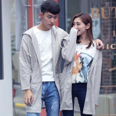 新款春季韩版修身潮男女连帽拉链风衣校服拼接情侣外套班服|ru