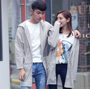 新款春季韩版修身潮男女连帽拉链风衣校服拼接情侣外套班服|ru