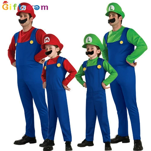 Costume Super Mario-style Overalls Set, Red/Green, Adults & Kids, Sizes 95–188 cm