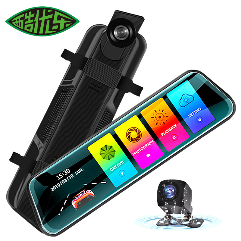 Cross-border streaming media rearview mirror driving recorder 10-inch touch screen 1440p dual-lens night vision reversing image