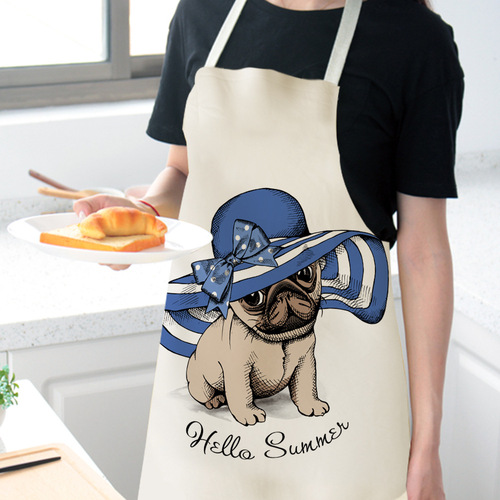 Cute cartoon apron with anime-inspired dog print, featuring a neck-strap design—perfect for home cooking in cozy cotton-linen fabric. Customizable with your own image; sleeveless style available.
