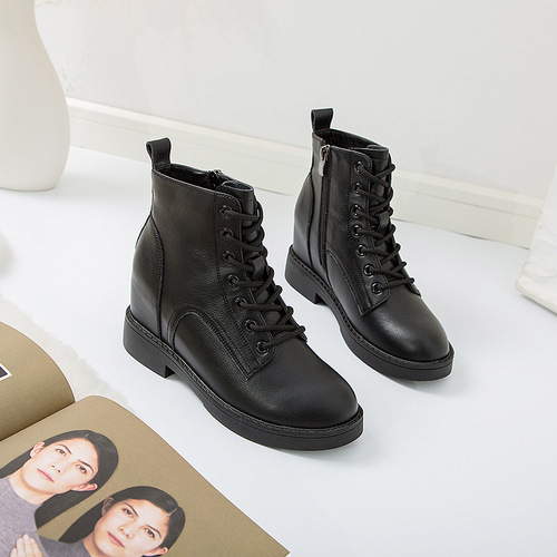  autumn and winter plus velvet inner heightening Martin boots for female students casual lace-up thick heel women's leather boots thick sole British style