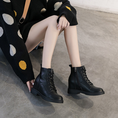 autumn and winter plus velvet inner heightening Martin boots for female students casual lace-up thick heel women's leather boots thick sole British style