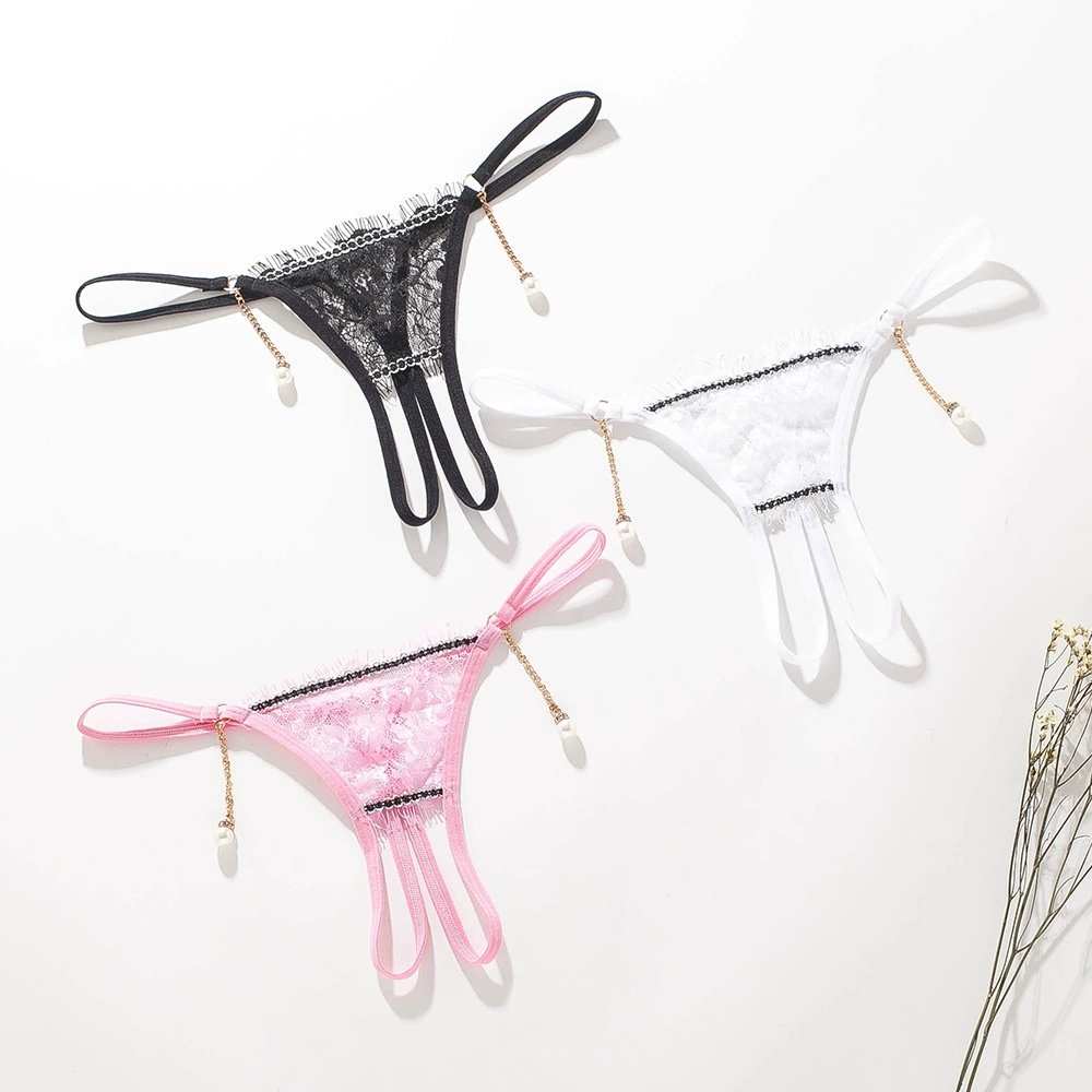 Женские прозрачные кружевные стринги G-String, декоративная цепь и жемчуг, размерные диапазоны F/M–XL
