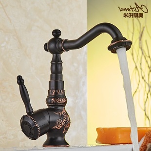 European-style copper black ancient rotating faucet vintage carved basin hot and cold faucet single handle single hole heightened