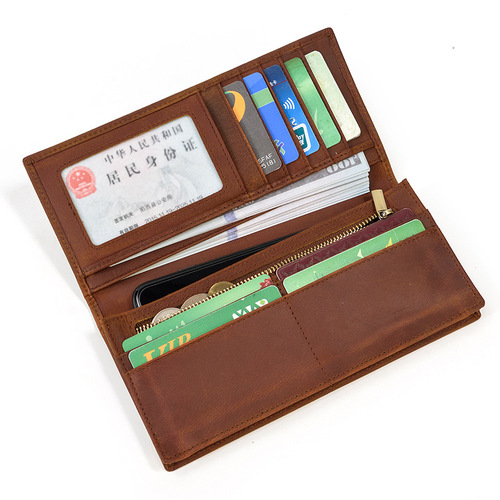 Retro genuine leather men's wallet crazy horse leather two-fold long wallet multi-card slot wallet with coin pocket laser engraving