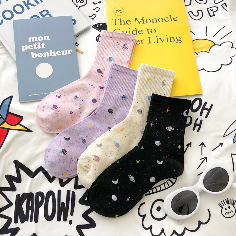 Space Planet Socks Mid-Tube Starry Universe Casual Cartoon Girl Ins K-Style Dotted Yarn New Wholesale Space Planet Socks Mid-Tube Starry Universe Casual Cartoon Girl Ins K-Style Dotted Yarn New Wholesale