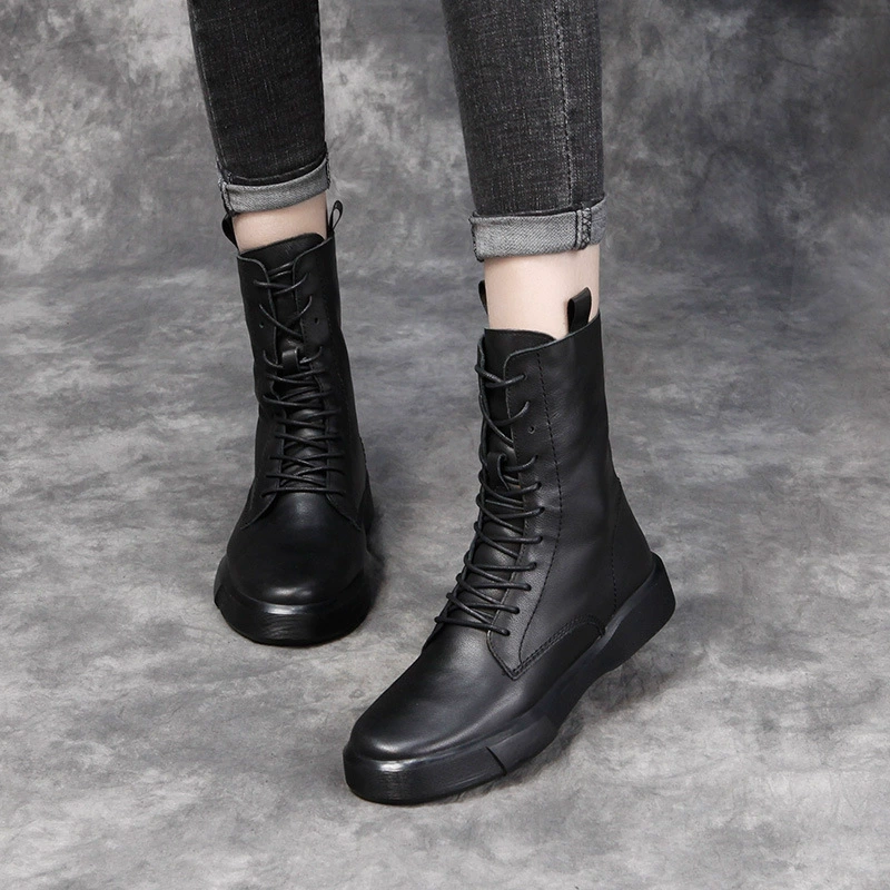 Ботинки Martin на шнуровке, женские шикарные рыцарские ботинки из натуральной кожи в британском стиле, женские байкерские ботинки миди на плоской подошве на массивном каблуке для детей