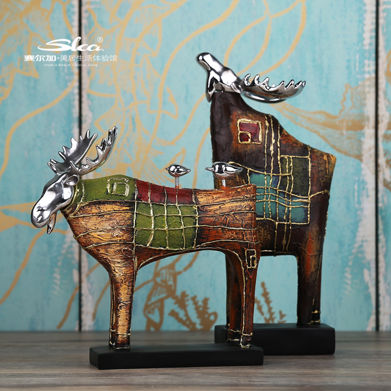 跨境油画鹿动物家居装饰品酒店民宿创意摆件办公室桌面树脂工艺品