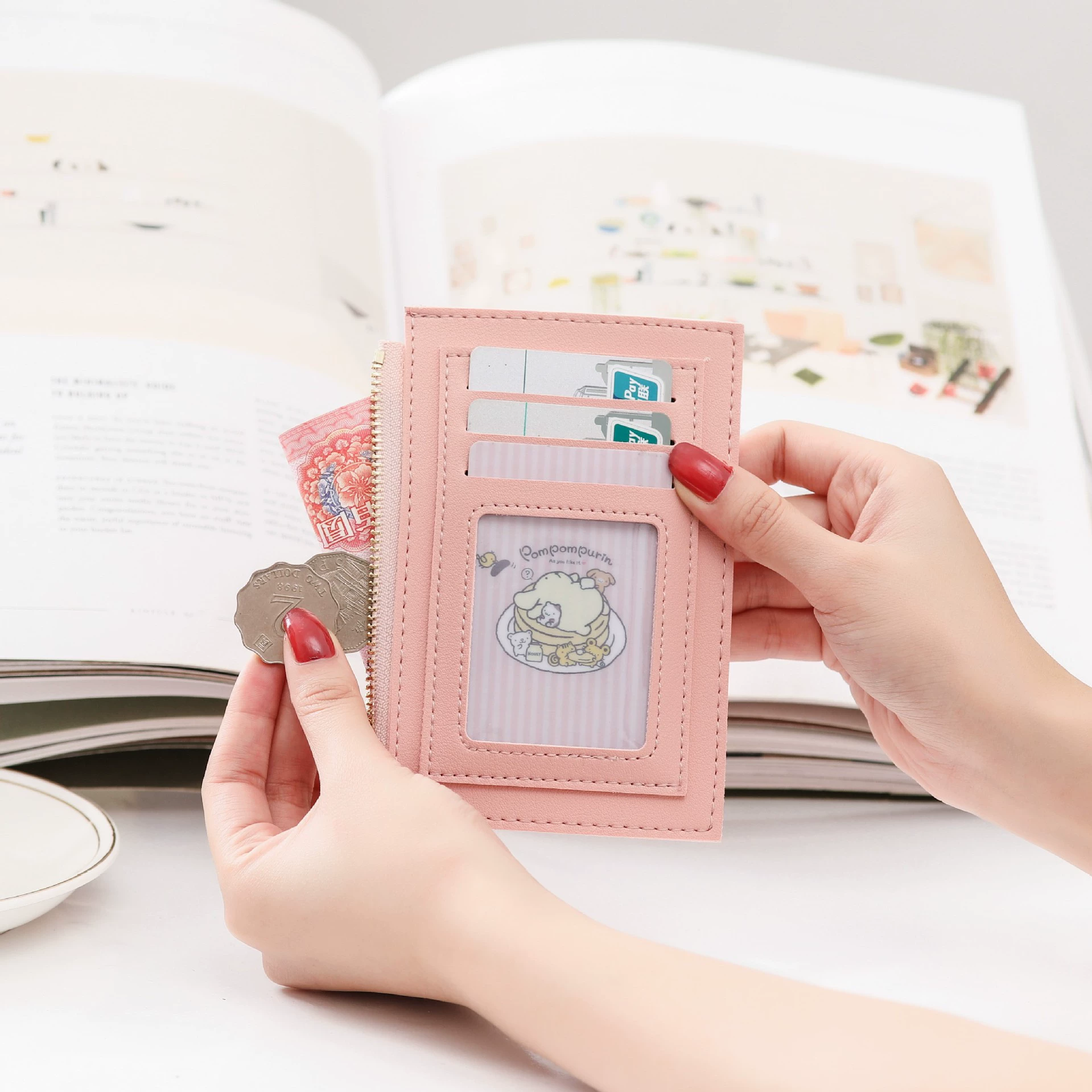 Wallet (Forever Young) short thin shoulder bag, handheld card holder with zipper, Korean style