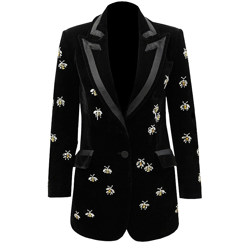 2654 In-Stock Spring and Autumn New Fashion Velvet Fabric Bee Appliqué Heavy-Duty Long Blazer for Women 2654 In-Stock Spring and Autumn New Fashion Velvet Fabric Bee Appliqué Heavy-Duty Long Blazer for Women
