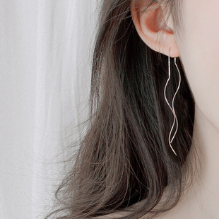 s925 silver needle wave ear line female temperament Super fairy tassel ear chain South Korea long Net red face slimming earrings