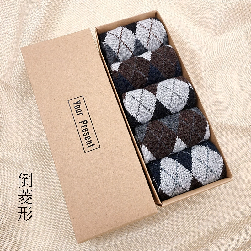 Men’s wool‑blend mid‑length socks (gift box), 5 pairs, patterned styles