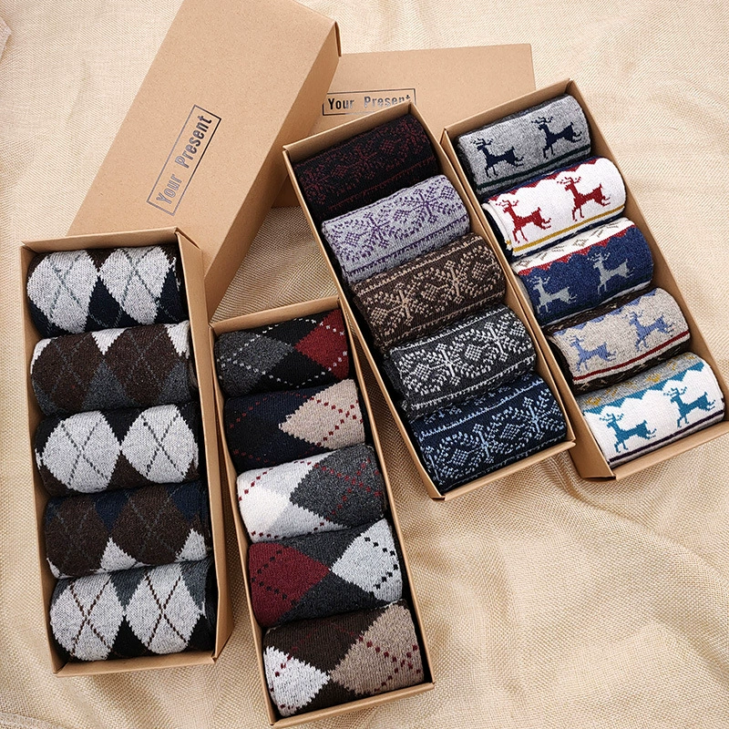 Men’s wool‑blend mid‑length socks (gift box), 5 pairs, patterned styles