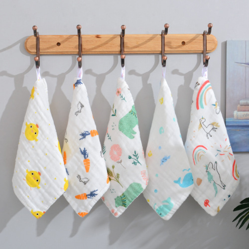 6-layer cotton gauze baby towel, cotton cartoon face towel, children's seersucker square towel, handkerchief saliva towel