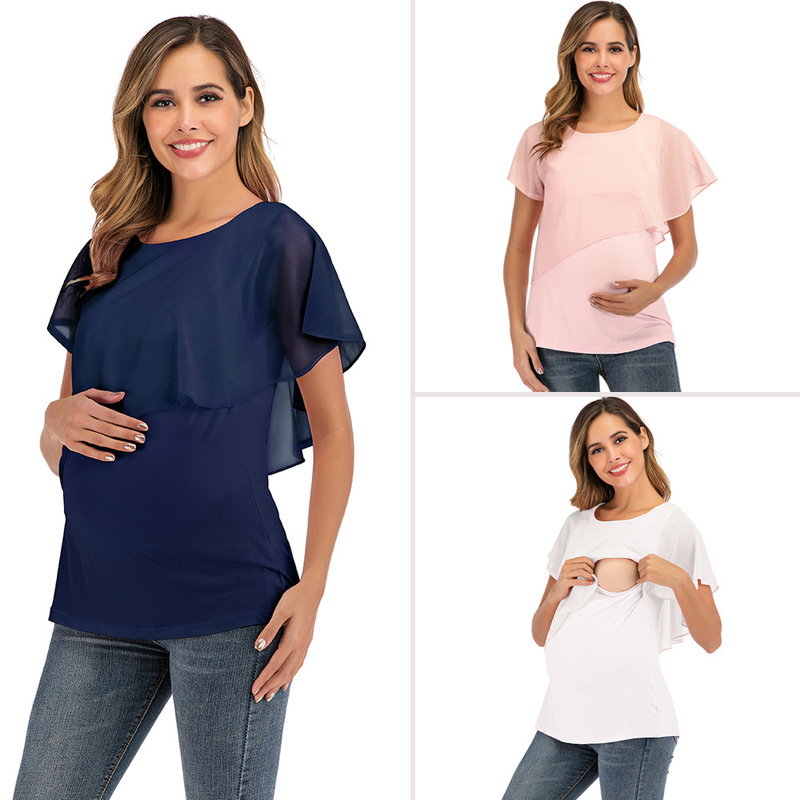 Amazon 2023 new women's top T-shirt maternity clothes summer European and American chiffon stitching nursing clothes short sleeve