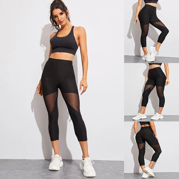 Amazon spring and summer new mesh stitching cropped pants sports yoga stretch pants running leggings women's pants