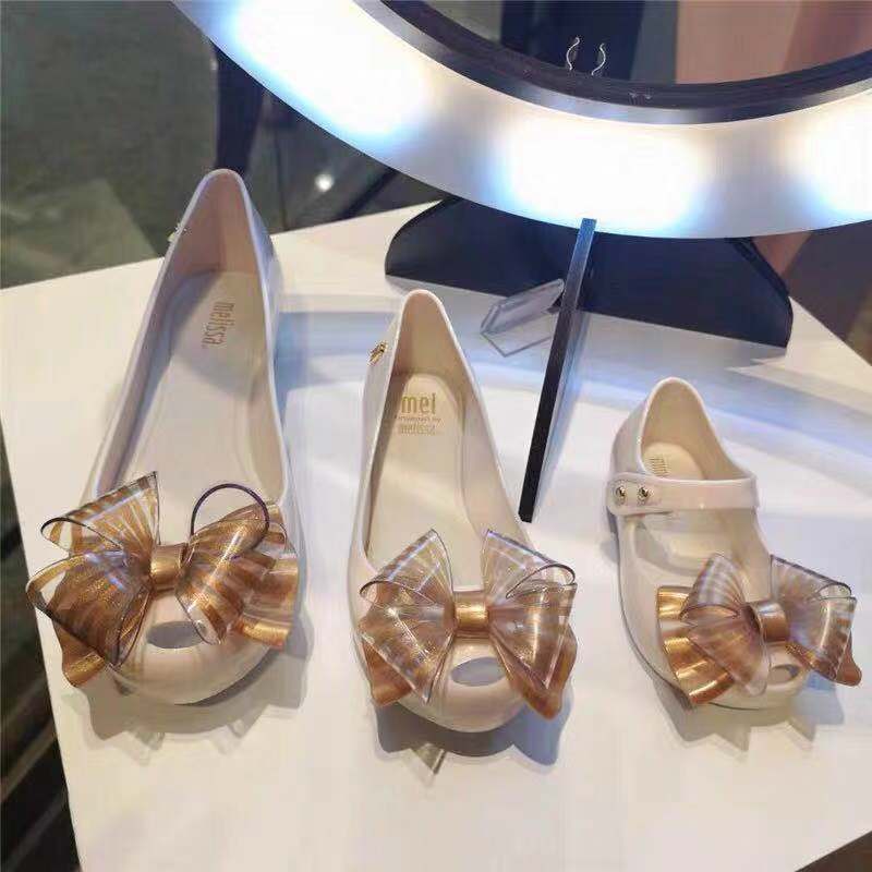 New Melissa Bow Women's Shoes Shallow Mouth Single-layer Shoes Jelly Fish-toe Flat Heel Sandals Parent-child Shoes