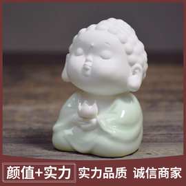 手工青釉平安佛 陶瓷小如来佛像汽车摆件 人物神像白瓷手工饰品
