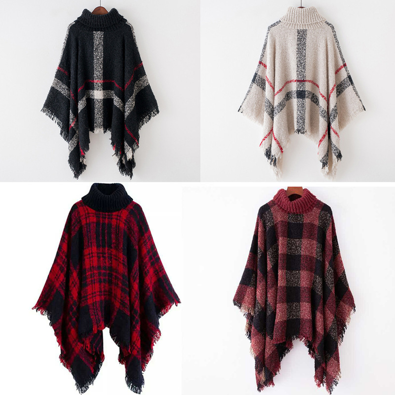European and American Export Original High Collar Plaid Cloak Loose Bat Sleeve Knitted Pullover Women's Circle Yarn Pullover Shawl