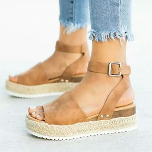 2025 Spring and Summer Independent Station Large Size Hemp Rope Sole Platform Sandals European and American Ladies Buckle Wedge Women's Sandals