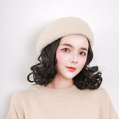 Wanxiansiyu detachable hat wig one-piece mink beret + short curly hair wholesale detachable wig cap