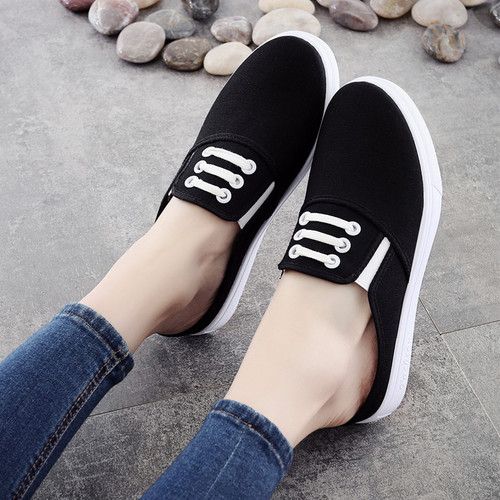 Spring and summer half-slip canvas white shoes for women, students, heelless outer wear, Baotou lazy shoes, maternity sandals and slippers, trendy